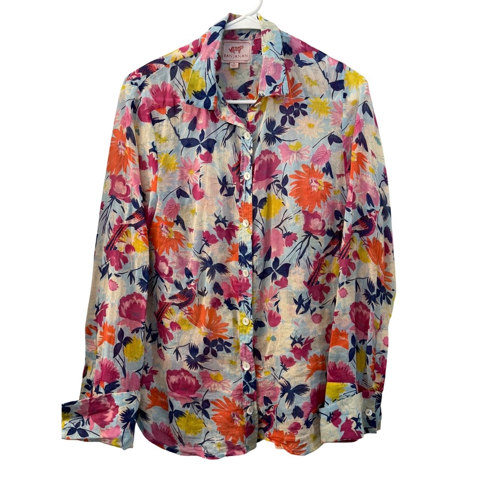 Banjanan Women Small Floral Bird Print Cotton Button Down Shirt Multicolor India